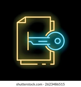 Ícone de néon brilhante de uma chave desbloqueando documentos confidenciais, representando segurança e criptografia de dados