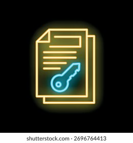 Glowing neon icon of a key unlocking a document representing private data access