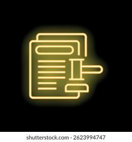 Glowing neon icon of legal documents with a gavel, symbolizing law, justice, and legal proceedings