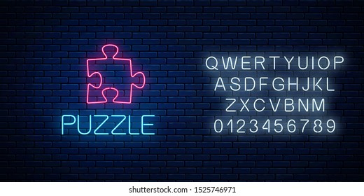 Glowing neon icon of logical concept with alphabet on dark brick wall background. Thinking game symbol. Vector illustration.