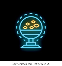 Glowing neon icon of a lottery machine showing the winning balls