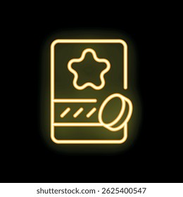 Glowing neon icon of a loyalty program card with star and discount coin for customer satisfaction