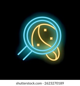 Glowing neon icon of a magnifying glass examining a virus or bacteria, perfect for scientific or medical themes