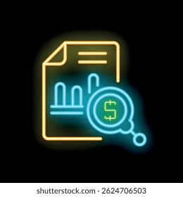 Glowing neon icon of a magnifying glass analyzing a financial report document with charts and graphs