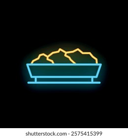 Glowing neon icon of mining cart full of gold carrying on conveyor belt isolated on black background