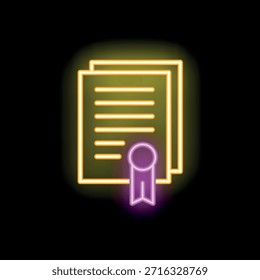 Glowing neon icon of official documents with a warranty seal, symbolizing trust and reliability in a business agreement