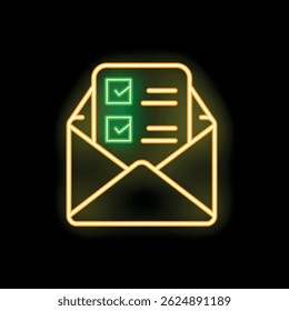 Glowing neon icon of an open mail envelope containing a checklist with two check marked boxes, visualizing the concept of completed tasks or finished projects