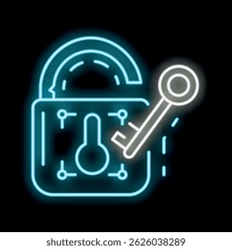 Glowing neon icon of a padlock being unlocked with a key, symbolizing cybersecurity and data protection