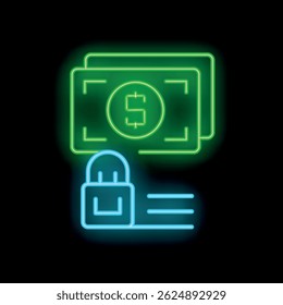 Glowing neon icon of a padlock securing dollar bills, representing financial security and protection