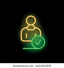 Glowing neon icon of a person with a check mark, symbolizing a successful job application or hiring process