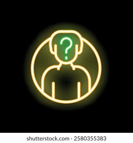 Glowing neon icon of a person with question mark inside their head, representing confusion or an unknown identity