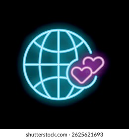 Glowing neon icon of planet earth with hearts, symbolizing global love and peace