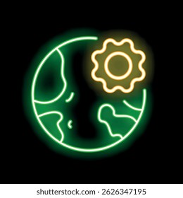 Glowing neon icon of planet earth with a cogwheel, symbolizing global industry and interconnectedness