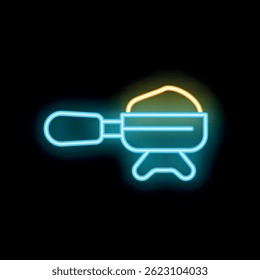 Glowing neon icon of a portafilter holding ground coffee, ready for brewing a delicious espresso beverage