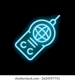 Ícone de néon luminoso de um controle remoto com uma antena, simbolizando a comunicação e a conectividade globais