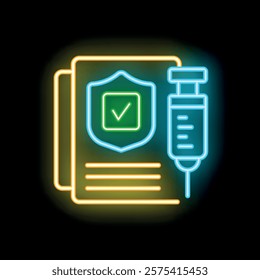 Glowing neon icon representing the concept of vaccination document with a syringe and a shield with a check mark