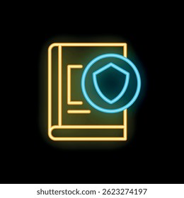 Icono de neón brillante que representa la protección de datos con libro y escudo
