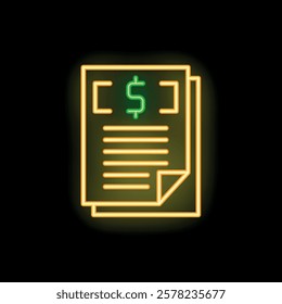 Glowing neon icon representing a financial document with dollar sign, perfect for topics like business, finance, and accounting