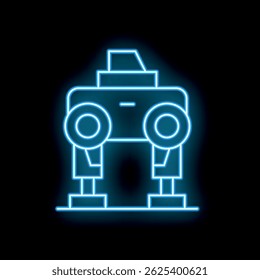 Glowing neon icon representing a futuristic robot with antenna on black background