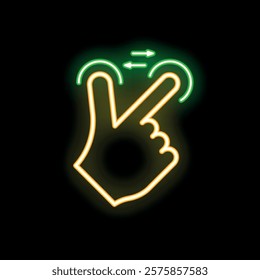 Glowing neon icon representing a hand performing a zoom gesture on a touchscreen, symbolizing image enlargement