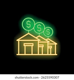 Glowing neon icon representing houses with increasing dollar signs above them