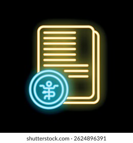 Glowing neon icon representing a medical report with a prominent caduceus symbol, signifying healthcare and medical documentation