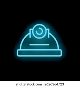 Glowing neon icon representing a mining helmet equipped with a headlamp, set against a dark backdrop