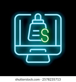 Glowing neon icon representing an online payment transaction displayed on a computer screen