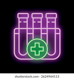 Glowing neon icon representing a set of three test tubes with a green cross, symbolizing medical analysis