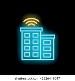 Ícone de néon brilhante representando um edifício inteligente enviando um sinal de wifi, adequado para conceitos de tecnologia e inovação
