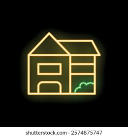 Glowing neon icon representing a suburban house with a garage, evoking concepts of homeownership and real estate