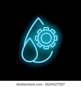 Glowing neon icon representing water management, featuring a water drop with an integrated cogwheel, symbolizing engineering and resource optimization