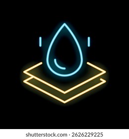 Glowing neon icon representing a water drop falling on absorbent material, symbolizing absorption and waterproof materials