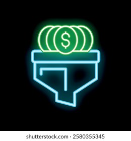Glowing neon icon of a sales funnel converting money into profits, great for business and marketing concepts