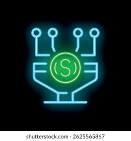 Glowing neon icon of a sales funnel with a dollar coin inside, representing successful marketing strategies
