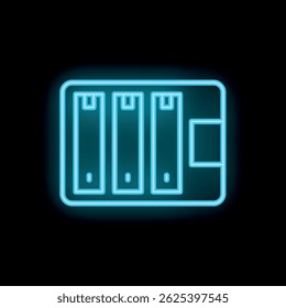 Glowing neon icon of a server rack, representing data storage and network infrastructure