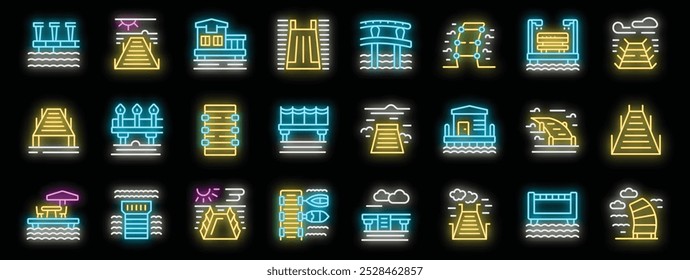 Ícone de néon brilhante definido com diferentes pilares, pontes e passarelas para costas, portos e praias