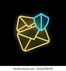 Glowing neon icon of a shield protecting emails, symbolizing email security and data protection