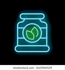 Glowing neon icon showcasing a jar with green leaves, symbolizing eco friendly and sustainable products