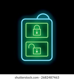 Icono de neón brillante que muestra dos candados, uno bloqueado y otro desbloqueado, que simbolizan el concepto de ciberseguridad