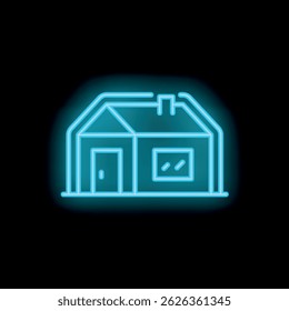 Glowing neon icon of a simple house with a chimney, door, and window, on a black background