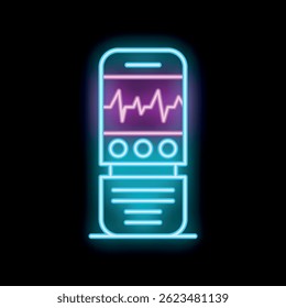 Glowing neon icon of a smartphone displaying a heartbeat rate on its screen and text messages below, isolated on a black background