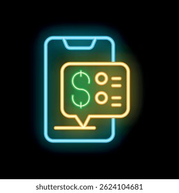 Glowing neon icon of smartphone displaying online payment options with dollar sign and selection menu