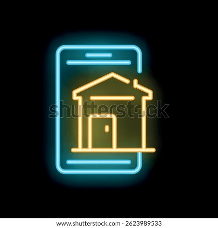 Glowing neon icon of a smartphone displaying a modern house symbol, representing the concept of smart home technology