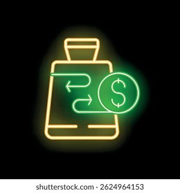 Glowing neon icon of a smartphone showing the process of transferring money