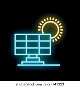 Icono de neón brillante de un panel solar que captura la luz solar, simbolizando soluciones de energía limpia y sostenible