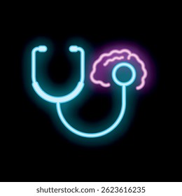 Glowing neon icon of a stethoscope examining a human brain, representing the field of neurology and mental health