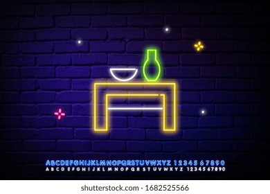 A glowing neon icon of a table with objects on it , isolated against a brick wall. Alphabet of neon light. vector illustration