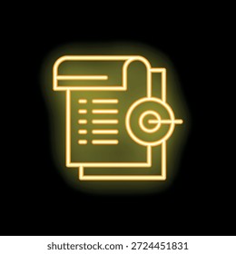 Glowing neon icon of a target aiming at documents, representing the concept of business planning
