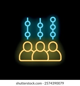 Glowing neon icon of three abstract figures with lines and dots over them, symbolizing connection, hierarchy, or social structure